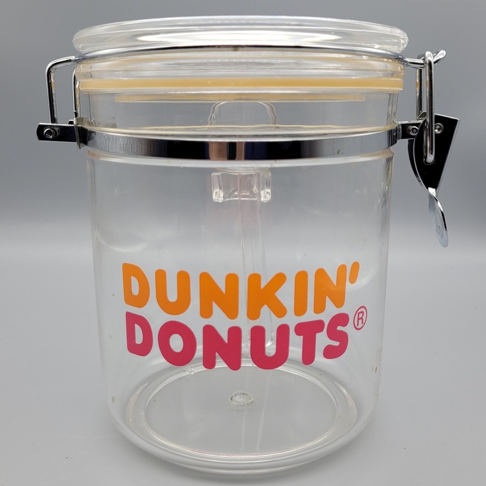 Vintage Dunkin Donuts Clear‎ Coffee Canister w Scoop, Holder, Locking Lid